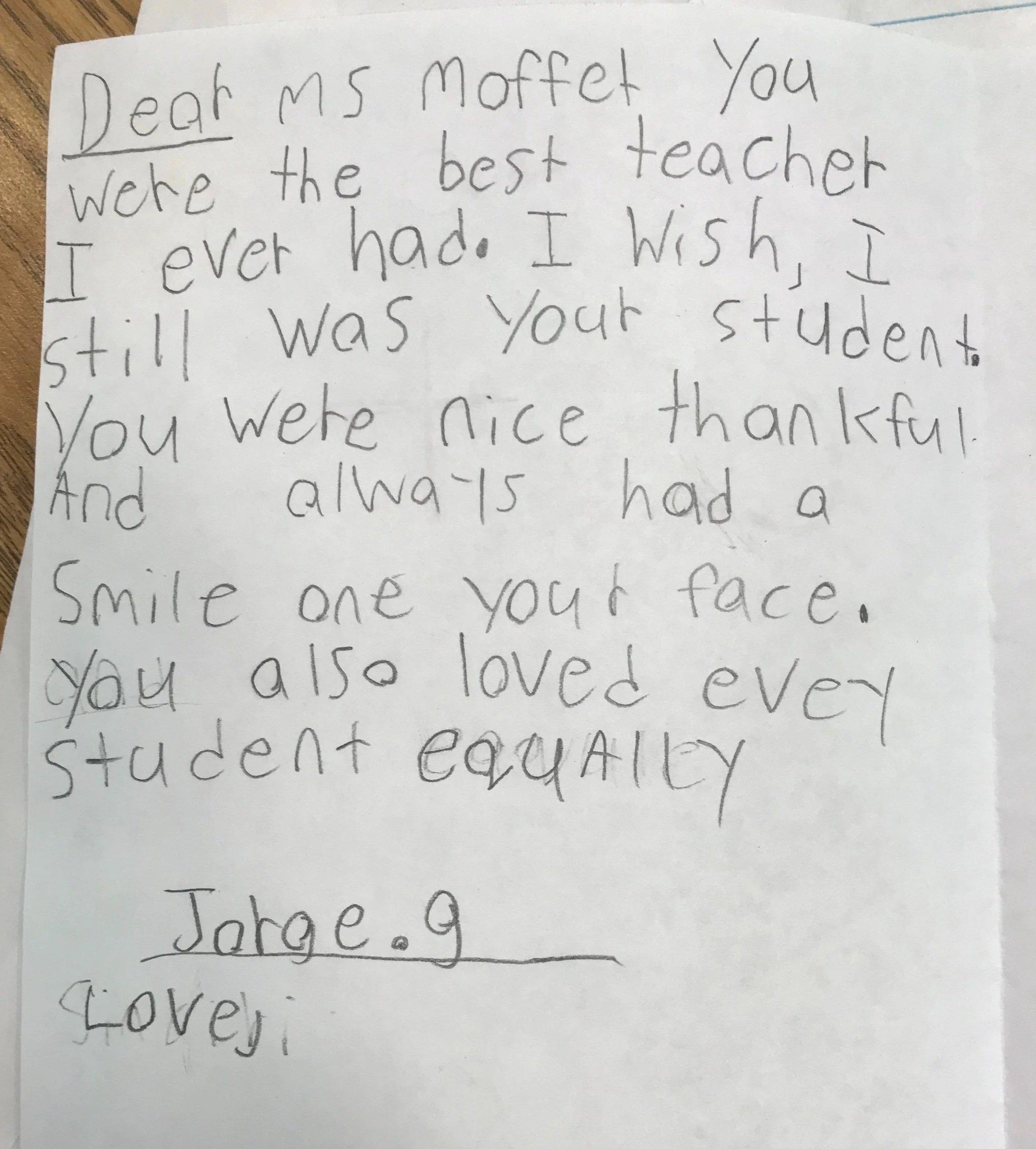 Handwritten letter from a student to Rooted in Writing founder Erin Moffet, reading "Dear Ms. Moffet, you were the best teacher I ever had." A testament to her 20 years in early childhood education.